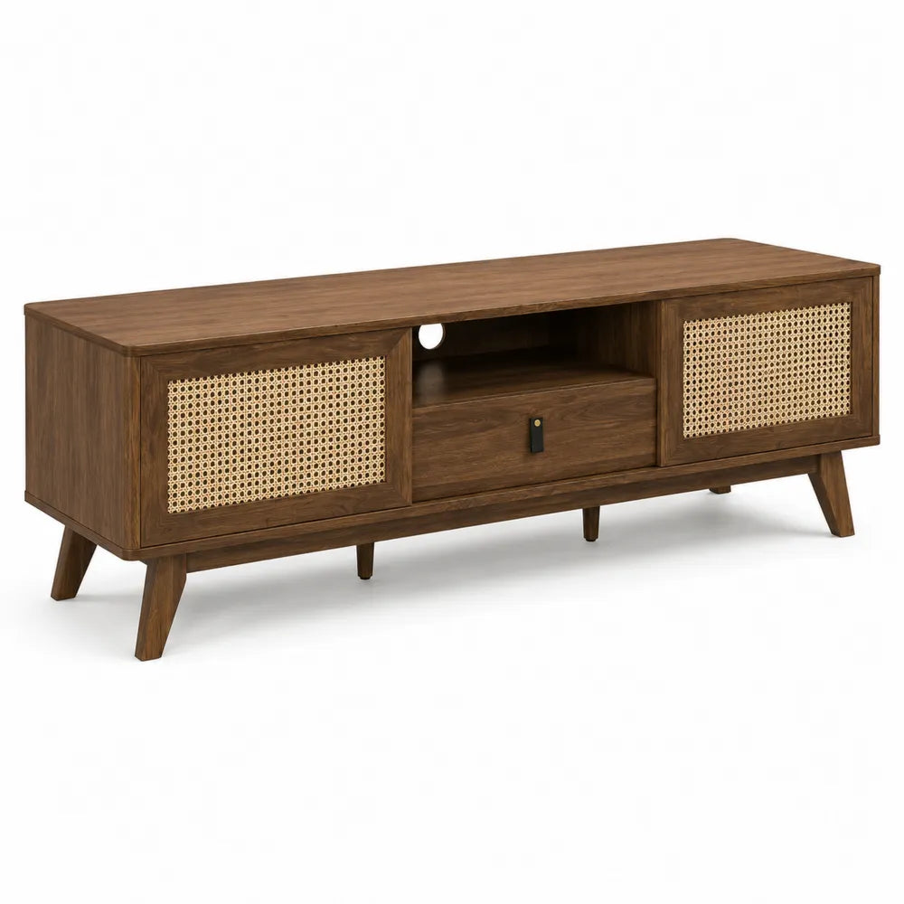 Meuble TV en bois et rotin tressé 150x40x55 cm