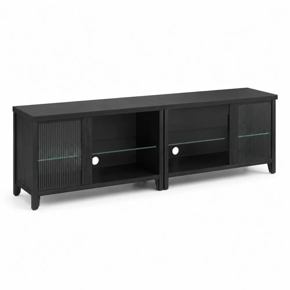Meuble TV en bois noir avec portes coulissantes et étagères en verre
