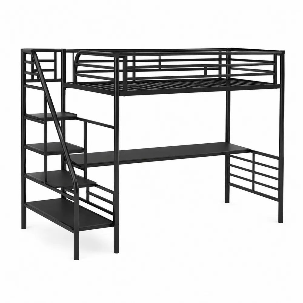 Lit mezzanine en métal noir avec bureau intégré et échelle