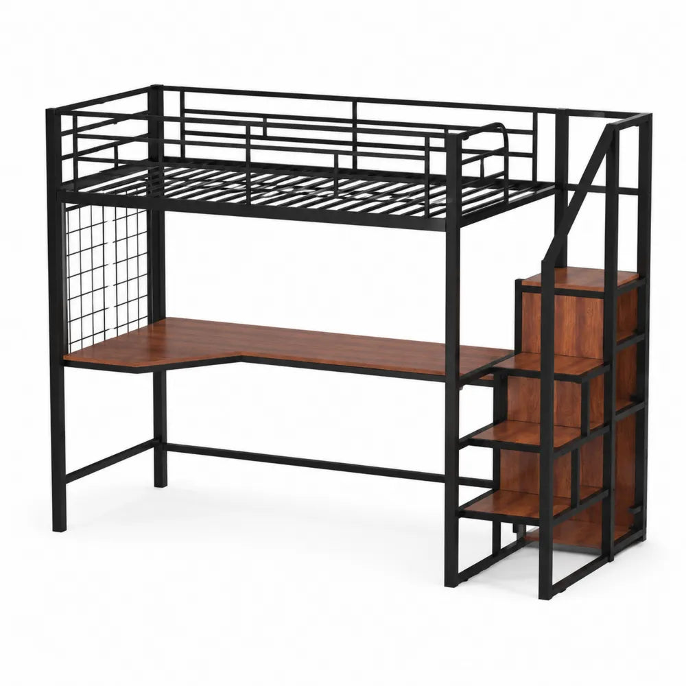 Lit mezzanine en métal et bois avec échelle et bureau