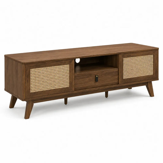 Meuble TV en bois et rotin tressé 150x40x55 cm