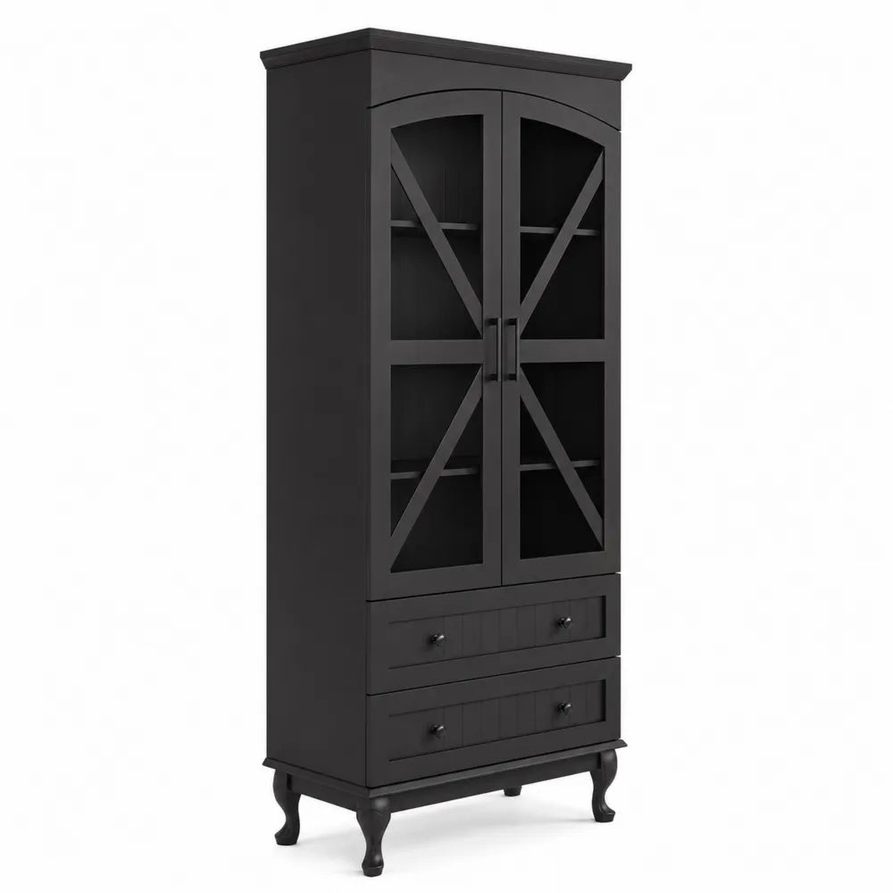 Buffet en bois noir avec portes vitrées et tiroirs 200 cm