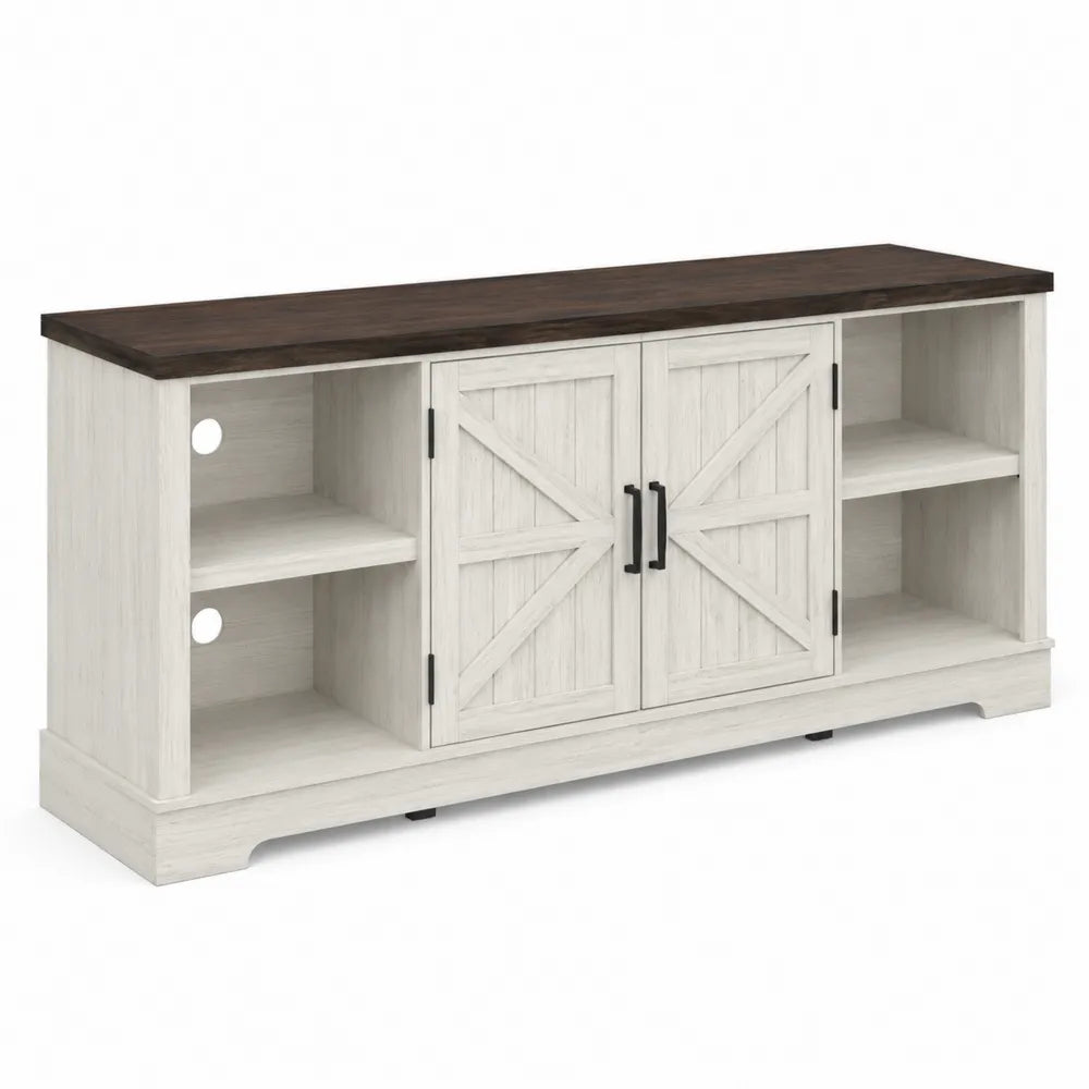 Meuble TV en bois blanc et brun avec étagères