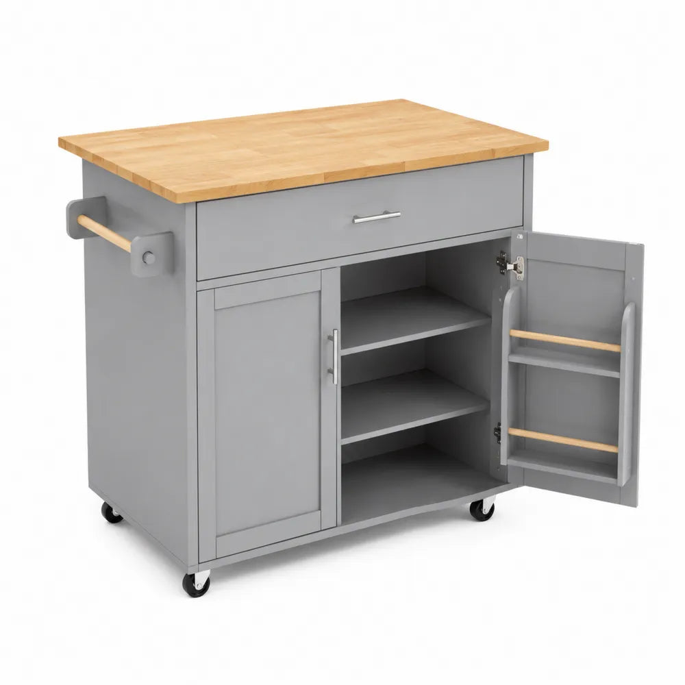 Îlot de Cuisine Roulant avec Plateau en Bois et Rangement Gris