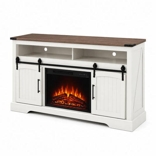 Meuble TV en bois avec cheminée électrique Blanc/Chêne 152 cm