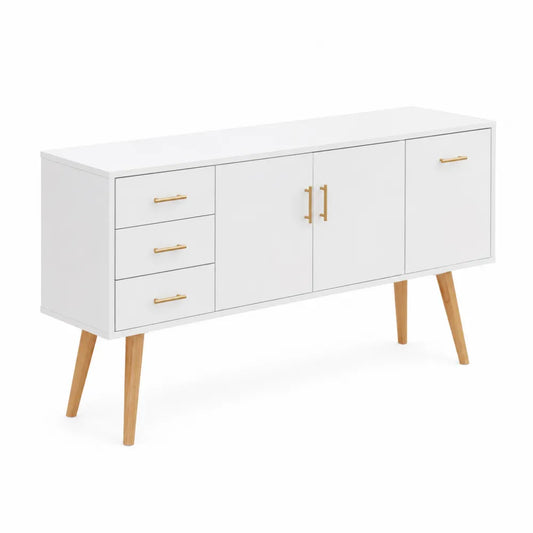Buffet Blanc avec Tiroirs et Portes en MDF et Bois de Hêtre
